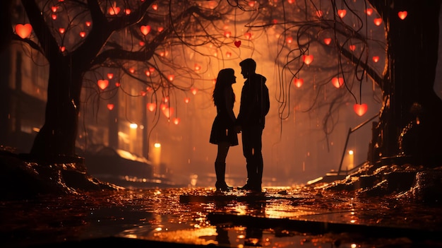 Una coppia che cammina nel vicolo sotto le luci notturne.