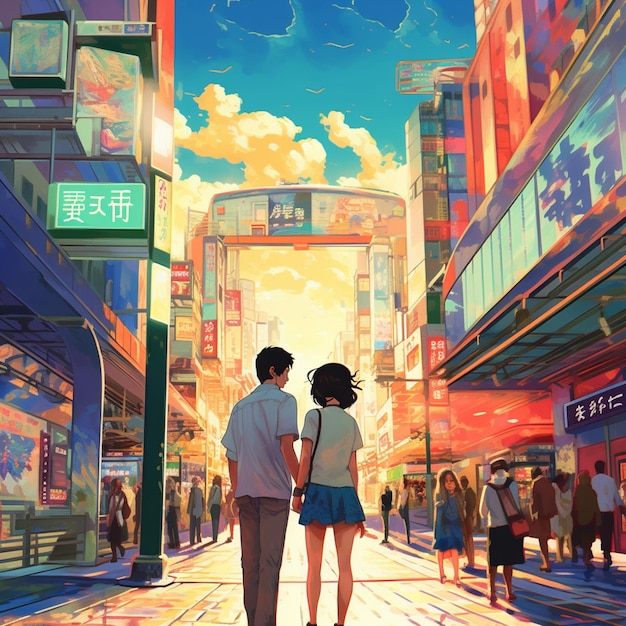Una coppia che cammina per una strada con un cartello che dice "l'amore è sullo sfondo"