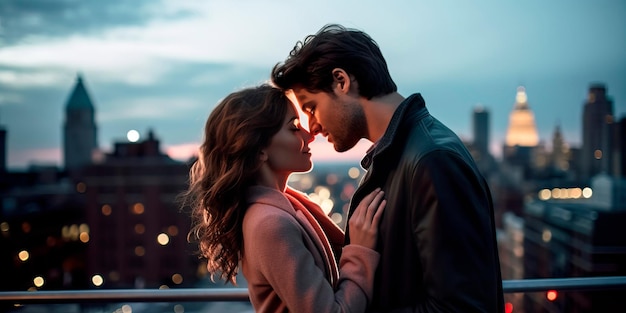 una coppia che condivide un momento romantico su un tetto della città con uno splendido skyline urbano sullo sfondo