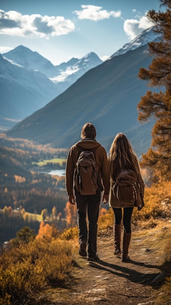 Una coppia che fa escursioni in montagna ammirando il bellissimo paesaggio e godendosi la compagnia l'una dell'altra