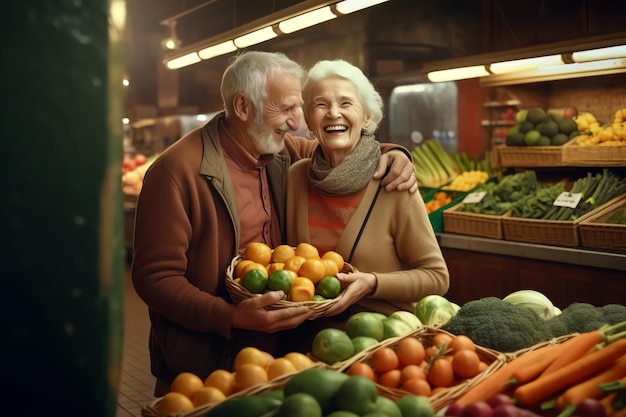 Una coppia che fa la spesa in un mercato di frutta e verdura