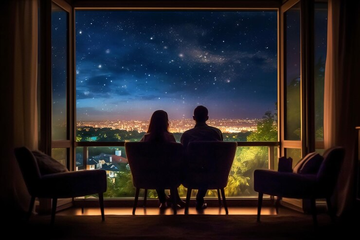 Una coppia che guarda fuori dalla finestra di notte