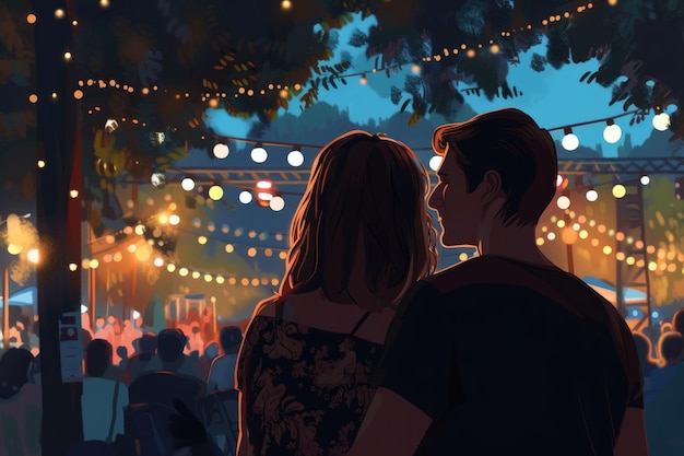 Una coppia che guarda un concerto in un festival musicale all'aperto, vista posteriore del palco e spettatori sullo sfondo