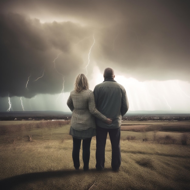 Una coppia che guarda una nuvola temporalesca dietro di loro