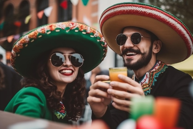 Una coppia che indossa cappelli e cappelli messicani sorride a una festa