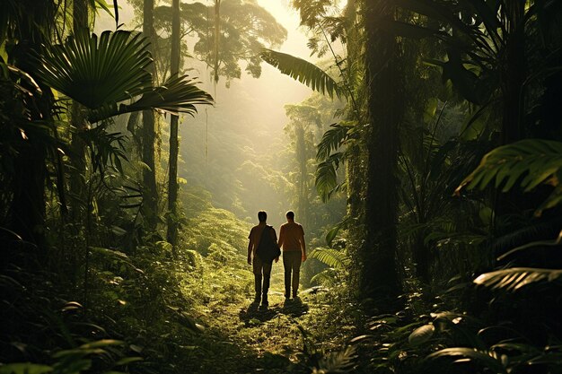 Una coppia che passeggiano attraverso una foresta pluviale lussureggiante