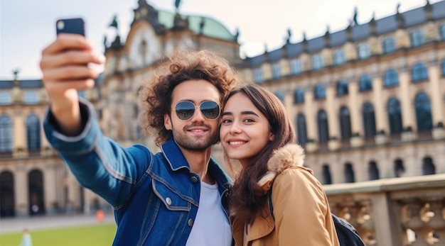 Una coppia che scatta una foto con un edificio sullo sfondo