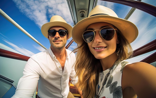 una coppia che scende da un aereo mentre indossa cappelli nello stile dei ritratti dei social media