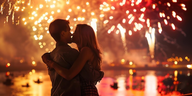Una coppia che si abbraccia sotto i fuochi d'artificio la vigilia di Capodanno