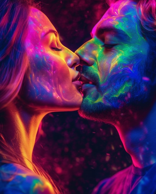 Una coppia che si bacia con colori al neon