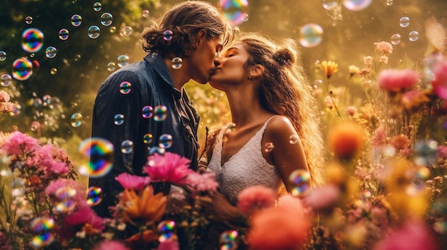 Una coppia che si bacia in un campo di fiori