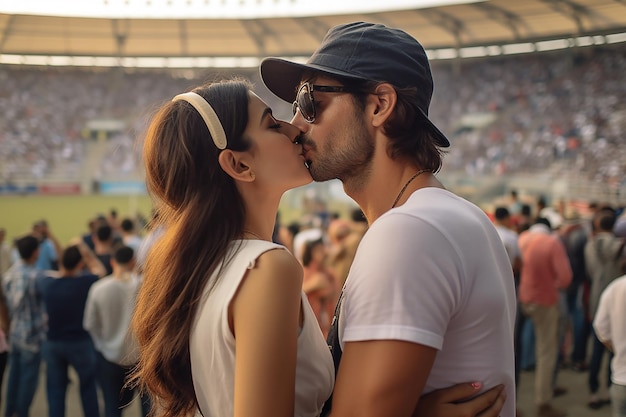 Una coppia che si bacia in uno stadio con una folla sullo sfondo