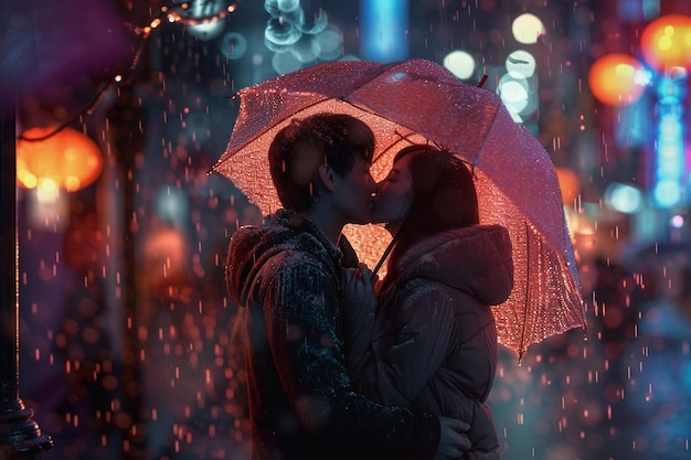 Una coppia che si bacia sotto la pioggia