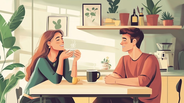 Una coppia che si diverte a conversare al caffè in una cucina soleggiata circondata da piante d'appartamento e decorazioni calde al mattino
