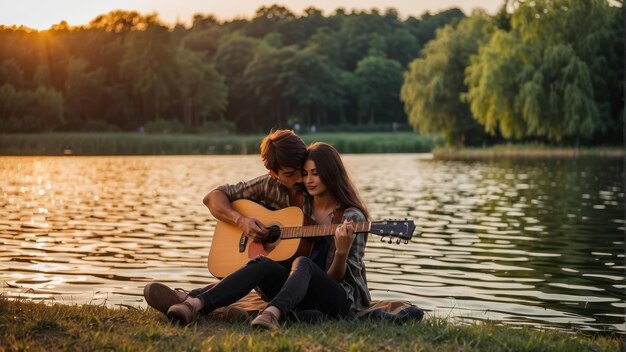 Una coppia che si diverte al tramonto sul lago