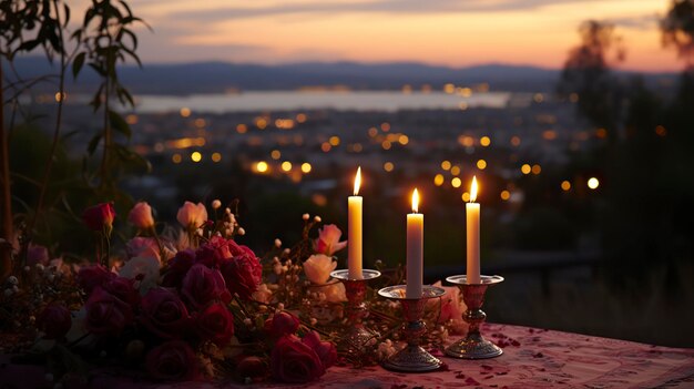 Una coppia che si tiene per mano a un tavolo da pranzo per il tramonto, il giorno della proposta, il giorno di San Valentino.