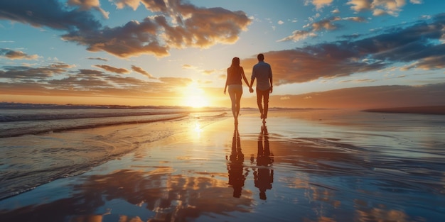 Una coppia che si tiene per mano e cammina su una spiaggia al tramonto per festeggiare il loro anniversario