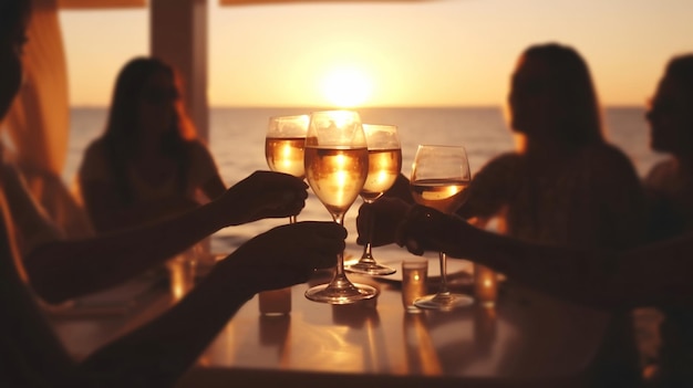 Una coppia che tosta bicchieri di vino a un tavolo con il sole che tramonta dietro di loro