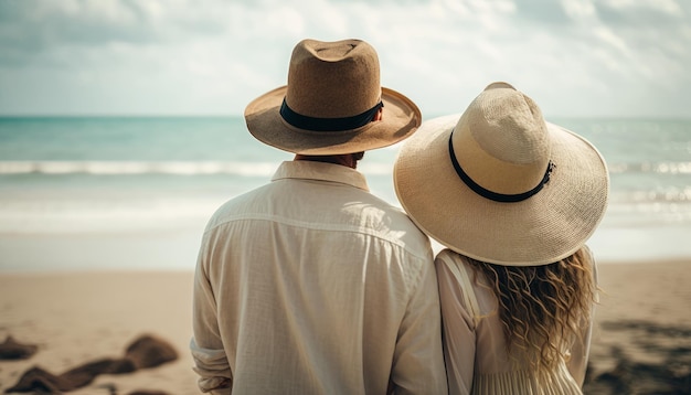 Una coppia con i cappelli guarda l'oceano generativo Ai