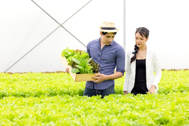 Una coppia di agricoltori asiatici lavora in una fattoria idroponica di serre vegetali con felicità e gioia in una fila di piante sullo sfondo