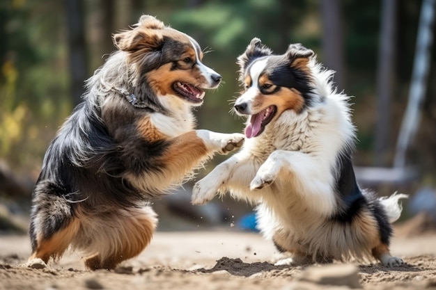 Una coppia di animali domestici giocosi impegnati in una partita di wrestling amichevole