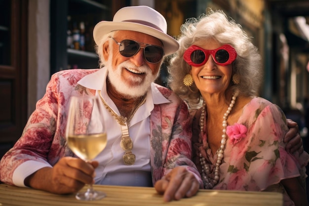 una coppia di anziani alla moda si gode la vacanza e la vita e mostra il loro dolce amore