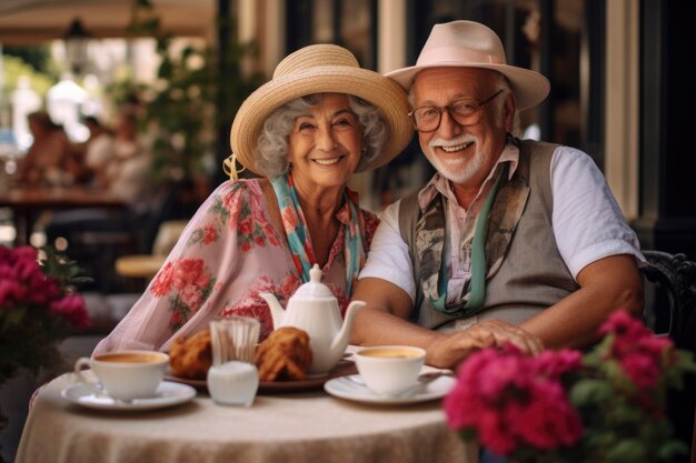 una coppia di anziani alla moda si gode la vacanza e la vita e mostra il loro dolce amore