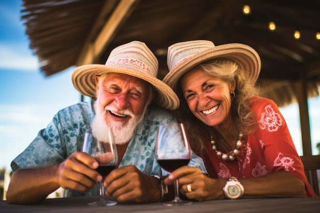 una coppia di anziani alla moda si gode la vacanza e la vita e mostra il loro dolce amore