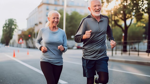 Una coppia di anziani caucasici che fanno jogging sulla strada