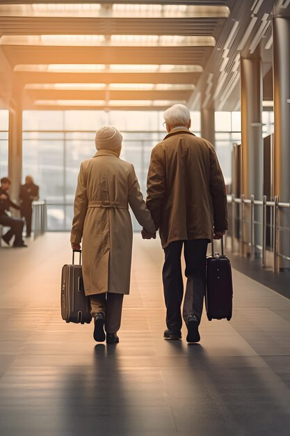 Una coppia di anziani che cammina in un aeroporto con le loro valigie.