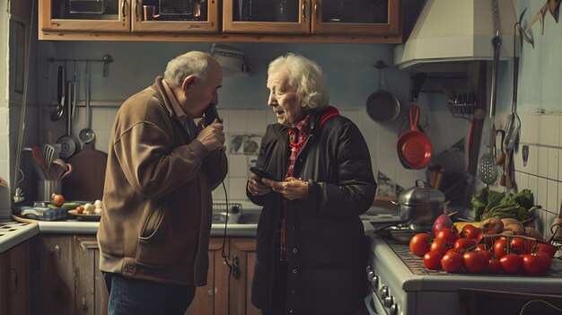 Una coppia di anziani che condivide un momento in una cucina accogliente che cucina insieme trasuda calore e amore conforto domestico raffigurato in una scena di vita quotidiana perfetta per lo stile di vita e i temi domestici AI