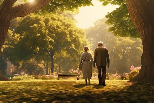 Una coppia di anziani che passeggia mano nella mano attraverso un 00402 02
