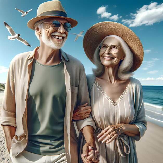 Una coppia di anziani che si divertono a fare una passeggiata in spiaggia