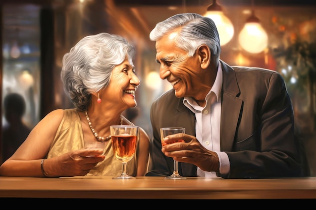 Una coppia di anziani che si divertono a parlare a tavola in un ristorante