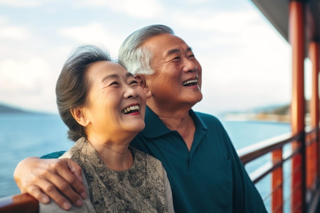Una coppia di anziani dall'aspetto asiatico sul ponte di una nave o di un transatlantico sullo sfondo del mare Persone felici e sorridenti Viaggiano su un transatlantico Amore e romanticismo degli anziani