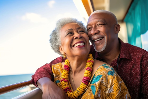 Una coppia di anziani dalla pelle scura sul ponte di una nave o di un transatlantico sullo sfondo del mare Persone felici e sorridenti Viaggiano su un transatlantico Amore e romanticismo degli anziani
