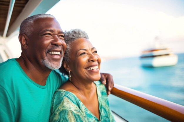 Una coppia di anziani dalla pelle scura sul ponte di una nave o di un transatlantico sullo sfondo del mare Persone felici e sorridenti Viaggiano su un transatlantico Amore e romanticismo degli anziani