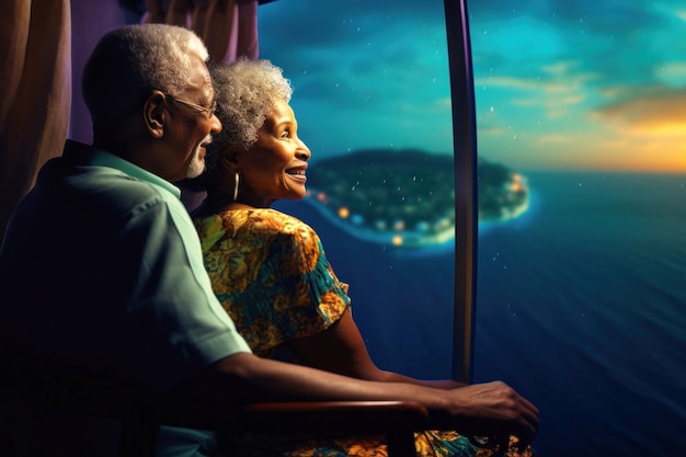 Una coppia di anziani dalla pelle scura sul ponte di una nave o di un transatlantico sullo sfondo del mare Persone felici e sorridenti Viaggiano su un transatlantico Amore e romanticismo degli anziani