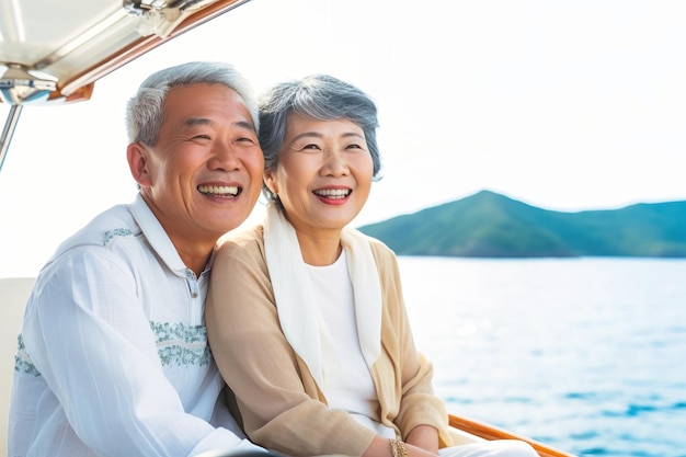 Una coppia di anziani è seduta su una barca o uno yacht nell'oceano Guardano le onde e si abbracciano Vacanza in viaggio per mare Amore e romanticismo degli anziani