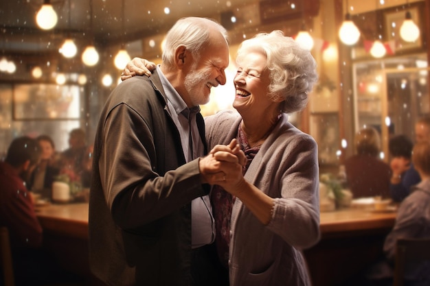 Una coppia di anziani felice che balla in un ristorante.
