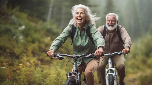 Una coppia di anziani felice esplora la natura in bicicletta