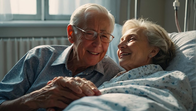Una coppia di anziani felice sdraiata in un reparto ospedaliero in una casa di riposo su letti
