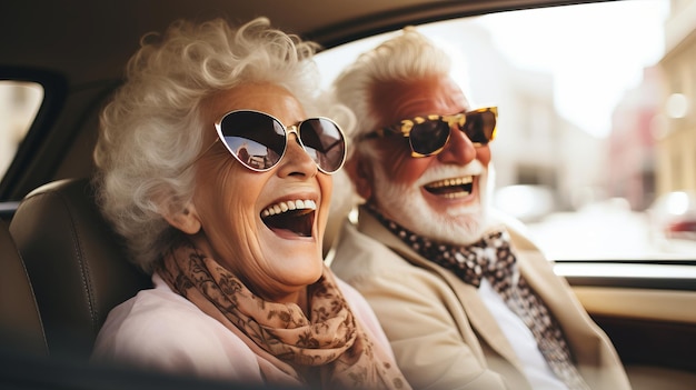 Una coppia di anziani felici che guidano una macchina su una strada panoramica con sfondo sfocato e spazio di testo