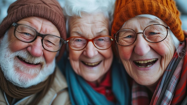 Una coppia di anziani felici i loro volti irradiano sorrisi una testimonianza di anni di amore e sostegno reciproco