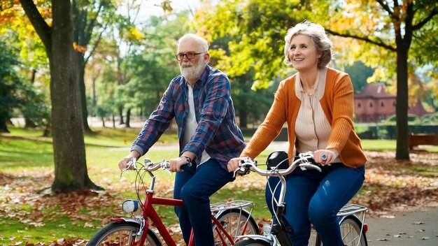 Una coppia di anziani felici in bicicletta nel parco in autunno