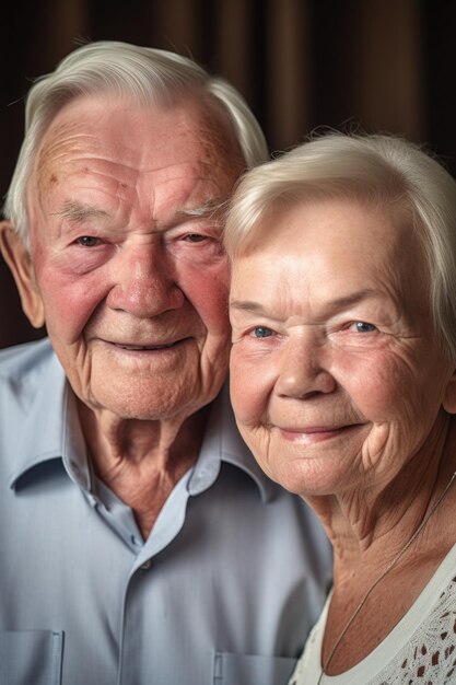 Una coppia di anziani innamorati che sorridono alla telecamera