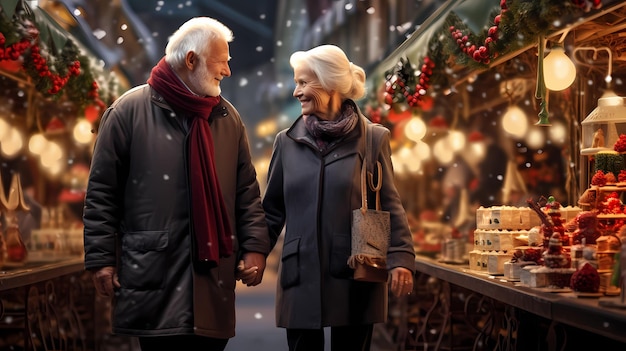 Una coppia di anziani passeggia per il mercatino di Natale