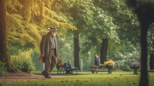 Una coppia di anziani seduta su una panchina nel parco e che si guardano a vicenda