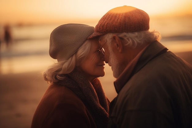 Una coppia di anziani si abbraccia su una spiaggia al tramonto