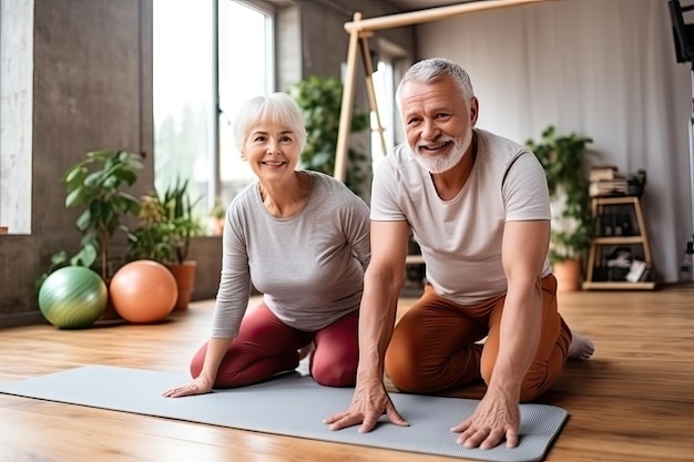 Una coppia di anziani si allena sportivamente a casa, anziani felici e innamorati fanno yoga insieme, stile di vita sano, concetto, illustrazione generativa AI.